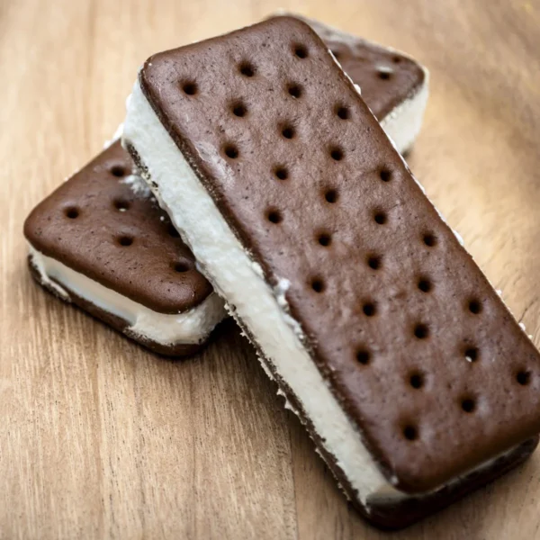 Homemade ice cream sandwich with chocolate cookies and vanilla ice cream