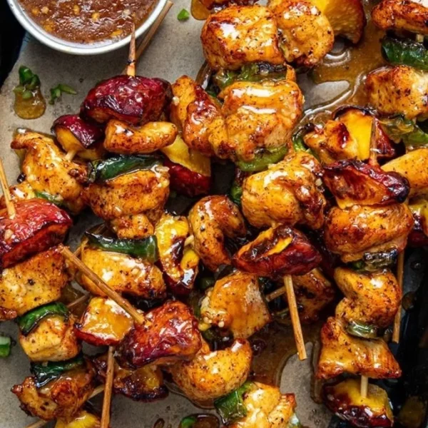 Jalapeno Peach Chicken Skewers prepared for grilling with colorful ingredients.