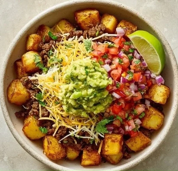Delicious loaded potato taco bowl with toppings and garnishes.