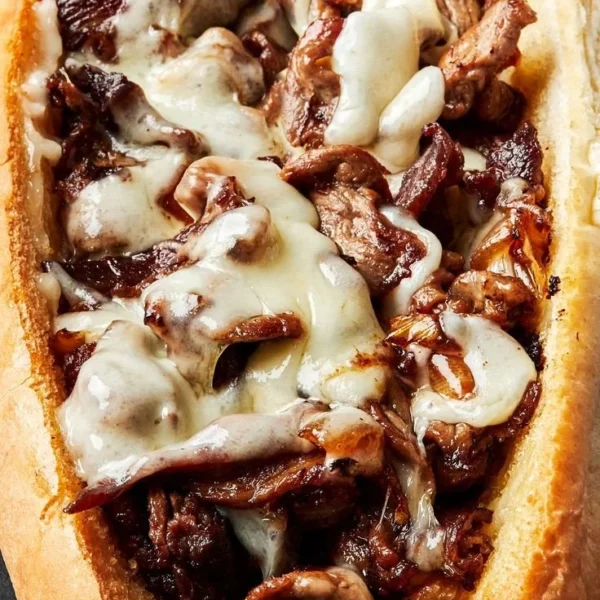 Delicious Philly Cheesesteak with grilled beef and melted cheese served in a fresh roll