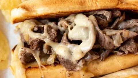 Delicious homemade Philly Cheesesteak loaded with steak and cheese