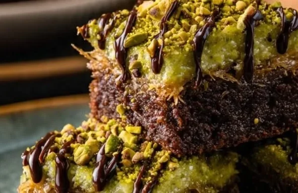 Delicious pistachio Dubai brownies served on a plate.