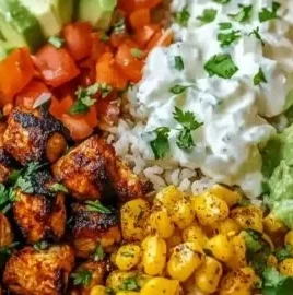 High-protein chicken taco bowls with fresh toppings and vibrant colors