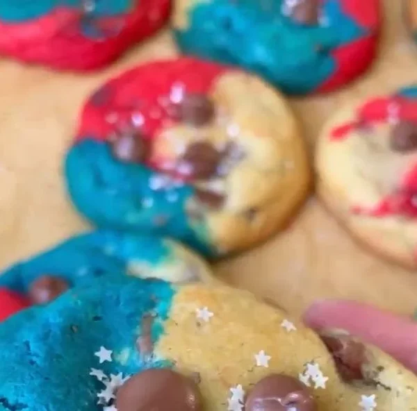 Red, White, and Blue Chocolate Chip Cookies decorated for festive celebrations