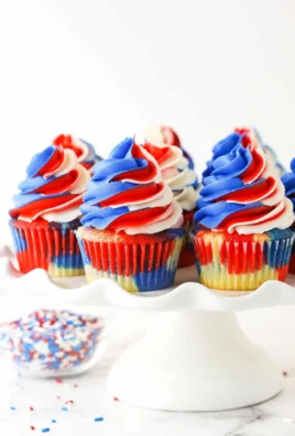Red, White, and Blue swirl cupcakes for festive occasions.