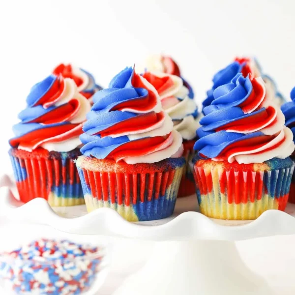 Red, White, and Blue swirl cupcakes for festive occasions.
