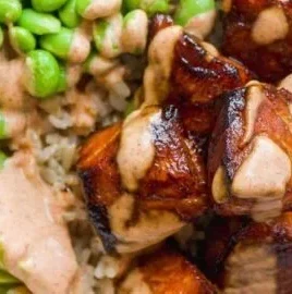 Salmon Teriyaki Bowl with fresh vegetables and teriyaki sauce