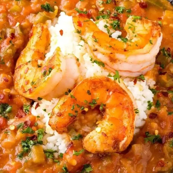 Delicious Shrimp Étouffée served over rice in a bowl