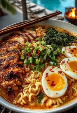 Bowl of spicy and creamy chicken ramen with vibrant toppings