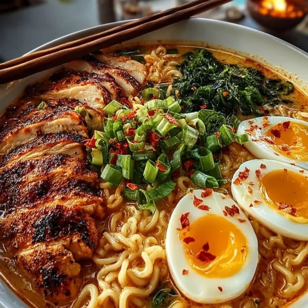 Bowl of spicy and creamy chicken ramen with vibrant toppings