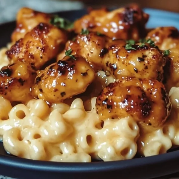Delicious honey pepper chicken served with creamy macaroni cheese on a plate