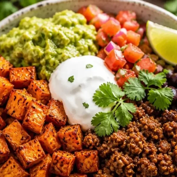 Delicious sweet potato taco bowl topped with fresh ingredients and spices