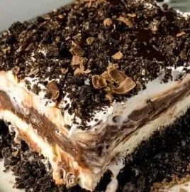 Delicious chocolate lasagna dessert layered with chocolate and creamy filling