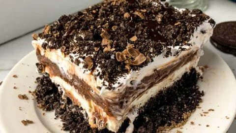 Delicious chocolate lasagna dessert layered with chocolate and creamy filling
