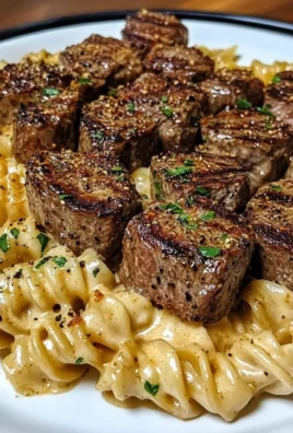 Creamy garlic butter steak bites with spicy Cajun Alfredo twisted pasta on a plate.