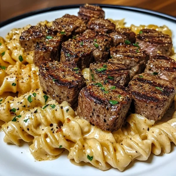 Creamy garlic butter steak bites with spicy Cajun Alfredo twisted pasta on a plate.