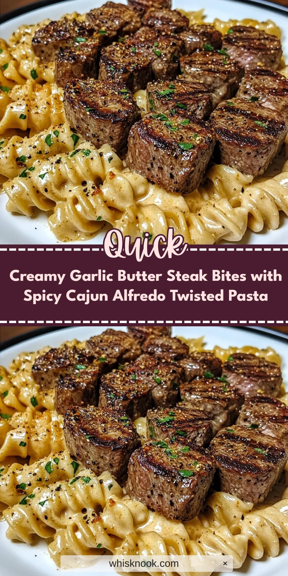 Creamy Garlic Butter Steak Bites with Spicy Cajun Alfredo Twisted Pasta