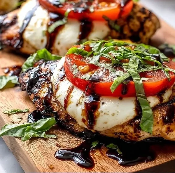 Delicious grilled chicken caprese with fresh basil, mozzarella, and tomatoes
