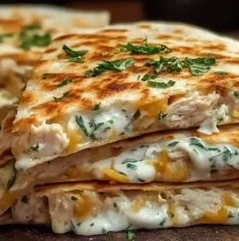 High-protein chicken ranch quesadilla topped with melted cheese and fresh ingredients