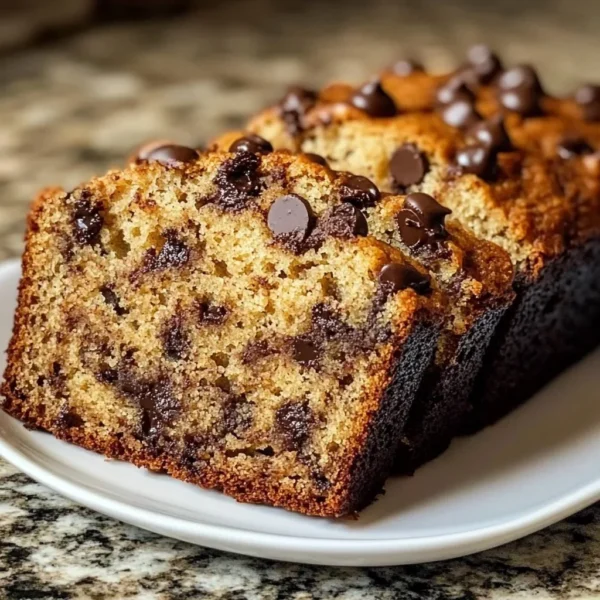 Moist chocolate chip banana bread with melting chocolate chips and ripe bananas