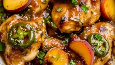 Grilled jalapeno peach chicken with vibrant colors and fresh ingredients