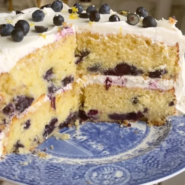 Slice of lemon blueberry cake with fresh blueberries and lemon zest decoration