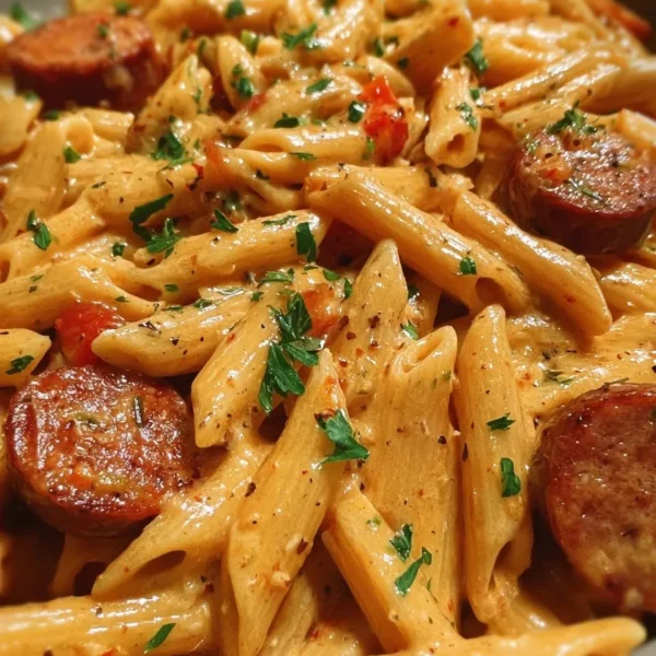 Delicious one-pot creamy spicy Cajun sausage pasta with vibrant ingredients