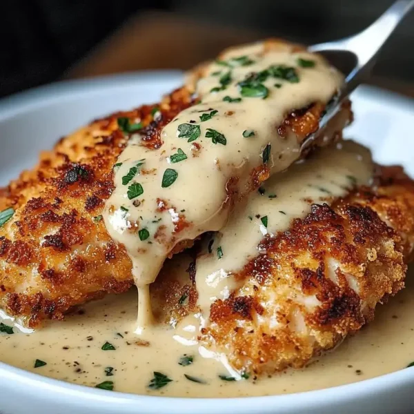 Delicious Parmesan Crusted Chicken served with creamy garlic sauce