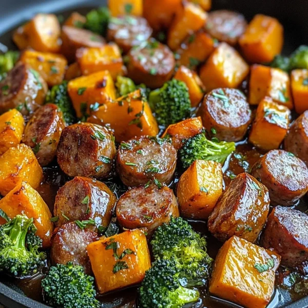 Sheet pan sausage with sweet potatoes and honey garlic sauce on a baking tray