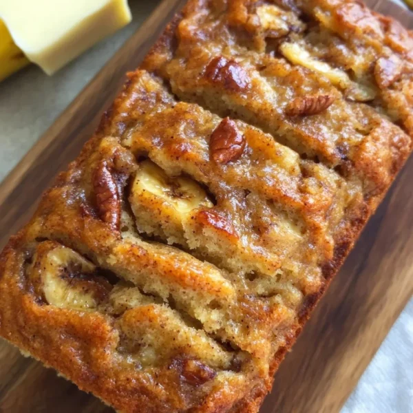 Delicious slice of homemade banana bread on a wooden cutting board